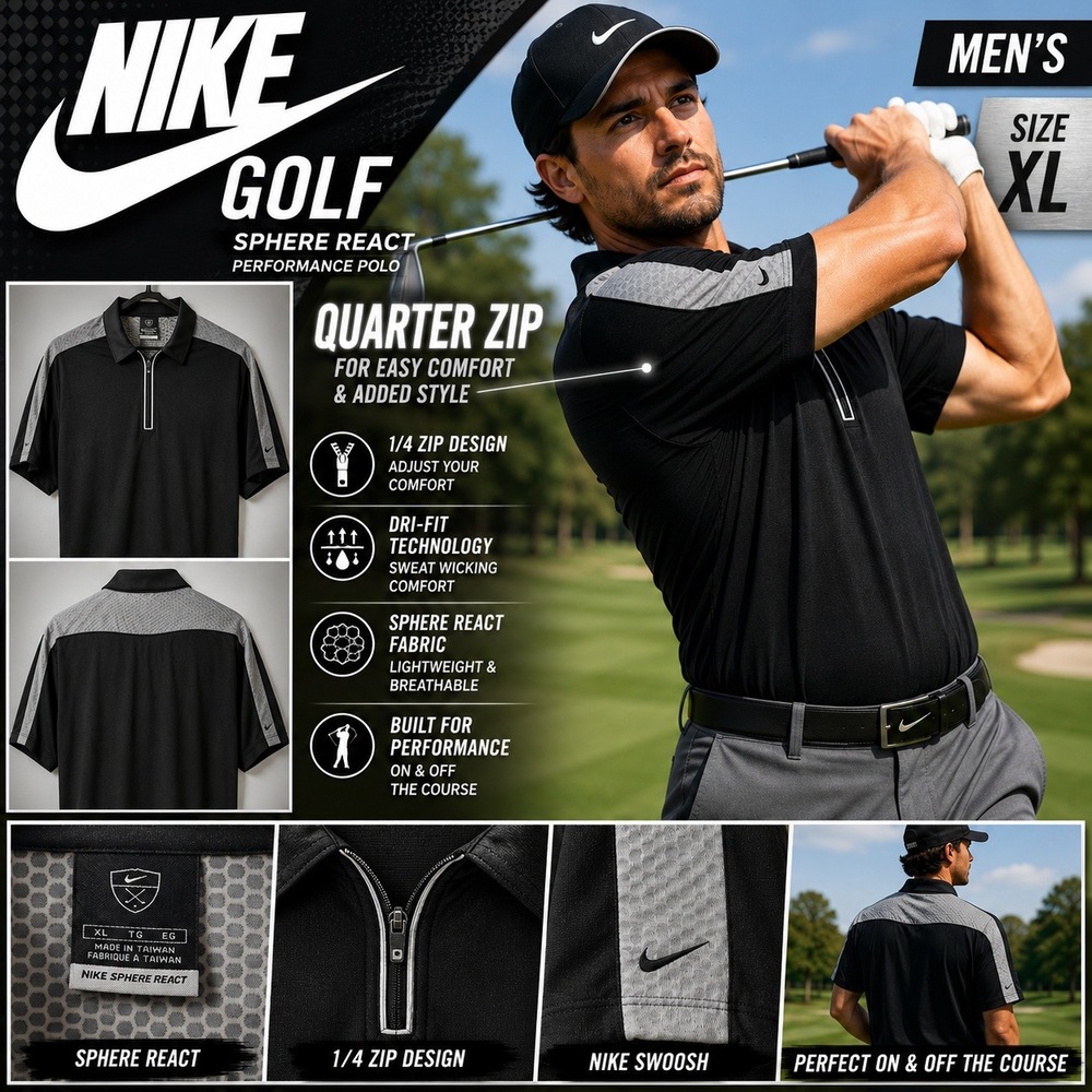 Nike Golf Sphere React Quarter Zip Polo Shirt Mens XL Black Grey Dri-FIT Sport